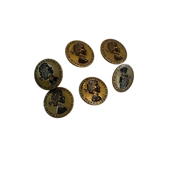 1950's Set Of 6 Vintage Queen Elizabeth II Decorative Brass Tone Buttons Rare - Picture 2 of 5